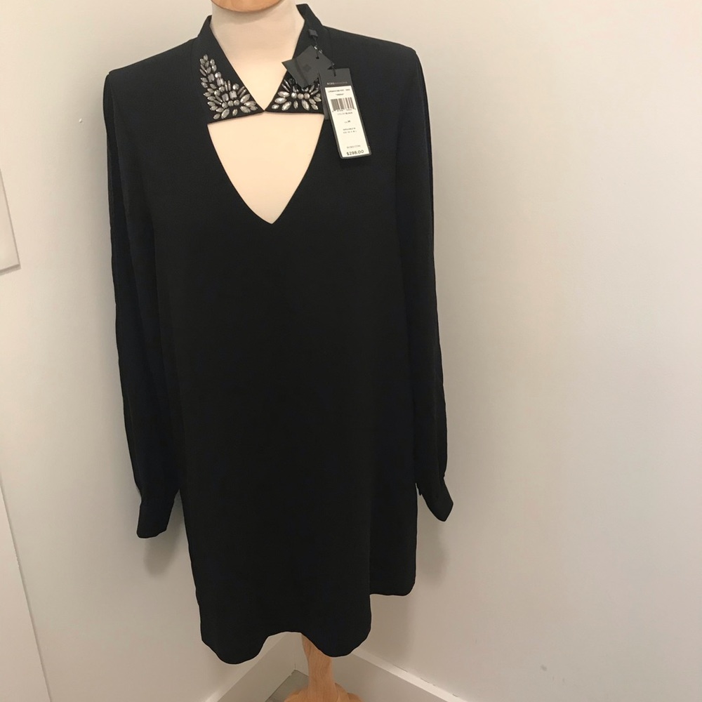 BCBG MAX AZRIA BLACK IRENA JEWELED COLLAR DRESS.
